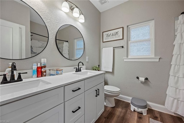 554 Trotman Rd, Camden, NC 27921 - bathroom with wood finished floors, toilet, double vanity, baseboards, and a shower with shower curtain