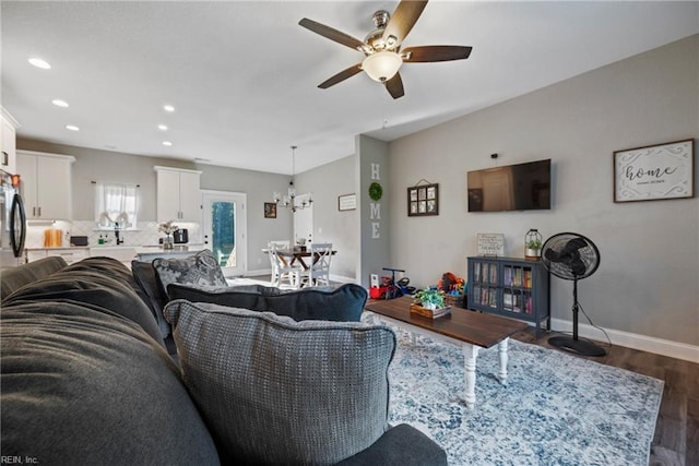554 Trotman Rd, Camden, NC 27921 - living room featuring ceiling fan, dark wood-style floors, recessed lighting, and baseboards
