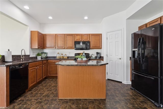 648 Sea Turtle Way, Newport News, VA 23601 - kitchen featuring black appliances, a kitchen island, dark stone counters, brown cabinetry, and recessed lighting