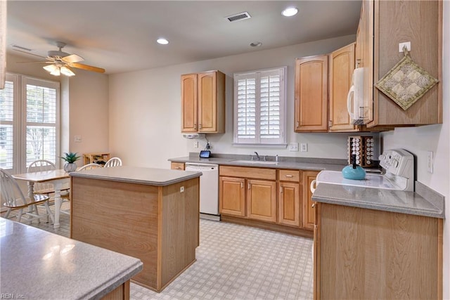 6716 Tarpleys Tavern Rd, Williamsburg, VA 23188 - kitchen featuring white appliances, ceiling fan, a center island, recessed lighting, and light brown cabinets
