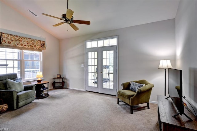 6716 Tarpleys Tavern Rd, Williamsburg, VA 23188 - living area with plenty of natural light, french doors, lofted ceiling, carpet floors, and a ceiling fan