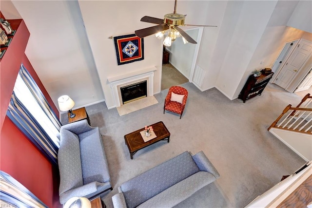 6716 Tarpleys Tavern Rd, Williamsburg, VA 23188 - living area with carpet, ceiling fan, and a premium fireplace