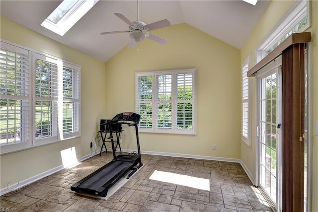 6716 Tarpleys Tavern Rd, Williamsburg, VA 23188 - exercise room featuring a skylight, healthy amount of natural light, stone tile floors, and lofted ceiling