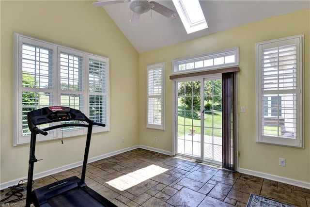 6716 Tarpleys Tavern Rd, Williamsburg, VA 23188 - workout area with vaulted ceiling, ceiling fan, plenty of natural light, and a skylight