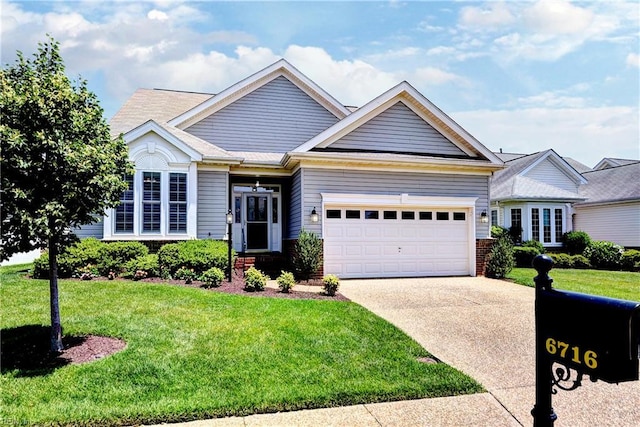 6716 Tarpleys Tavern Rd, Williamsburg, VA 23188 - ranch-style house featuring a garage, a front yard, driveway, and brick siding
