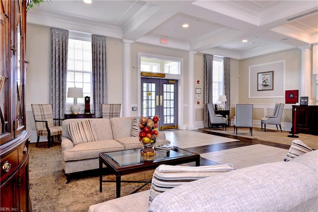 6716 Tarpleys Tavern Rd, Williamsburg, VA 23188 - living area featuring ornate columns, coffered ceiling, crown molding, french doors, and recessed lighting