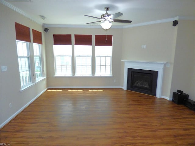 521 Simpson Ln, Chesapeake, VA 23323 - unfurnished living room featuring crown molding, wood finished floors, baseboards, a ceiling fan, and a fireplace