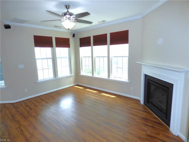 521 Simpson Ln, Chesapeake, VA 23323 - unfurnished living room featuring crown molding, a glass covered fireplace, a ceiling fan, dark wood-style floors, and baseboards