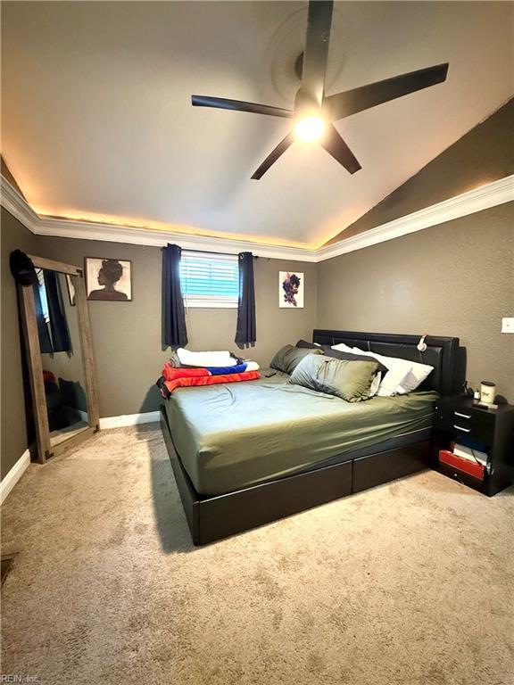 138 Ransone St, Hampton, VA 23669 - bedroom with carpet flooring, a ceiling fan, and vaulted ceiling