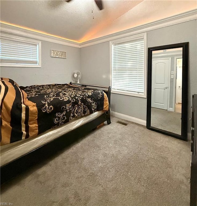 138 Ransone St, Hampton, VA 23669 - carpeted bedroom featuring a textured ceiling, crown molding, and a ceiling fan