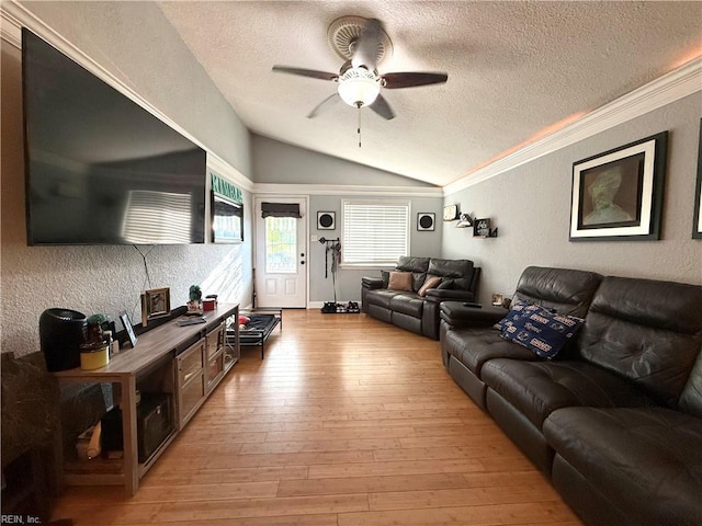 138 Ransone St, Hampton, VA 23669 - living area featuring a textured ceiling, vaulted ceiling, a textured wall, a ceiling fan, and light wood-style floors