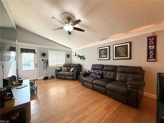138 Ransone St, Hampton, VA 23669 - living area featuring ceiling fan, a textured ceiling, vaulted ceiling, hardwood / wood-style floors, and crown molding