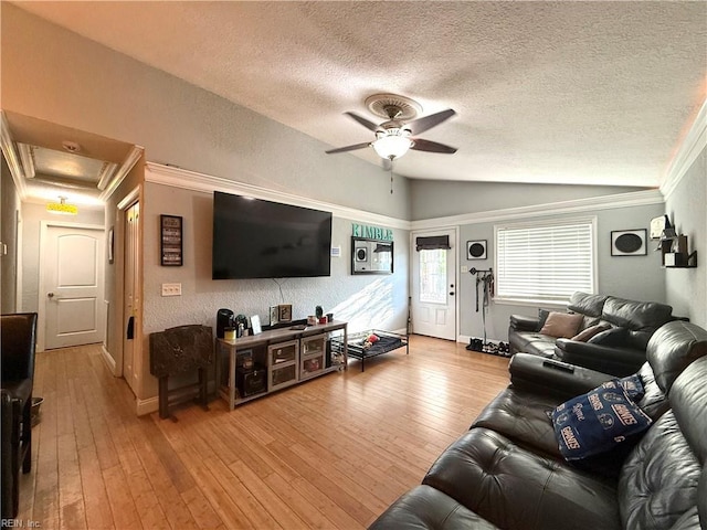 138 Ransone St, Hampton, VA 23669 - living area featuring lofted ceiling, a textured ceiling, a ceiling fan, hardwood / wood-style floors, and ornamental molding