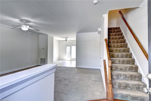 225 Quarterpath Rd, Williamsburg, VA 23185 - stairway featuring a ceiling fan, carpet, ornamental molding, and baseboards