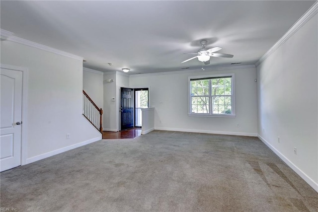 225 Quarterpath Rd, Williamsburg, VA 23185 - spare room featuring stairway, carpet, ceiling fan, ornamental molding, and baseboards