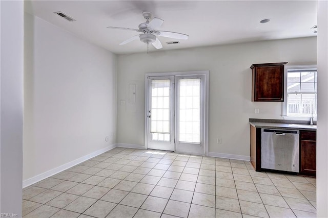 225 Quarterpath Rd, Williamsburg, VA 23185 - kitchen with stainless steel dishwasher, healthy amount of natural light, ceiling fan, and light tile patterned floors