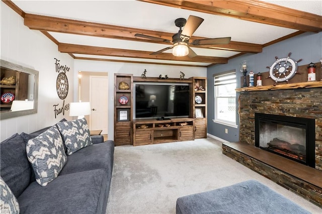 2617 Killey Ct, Virginia Beach, VA 23453 - living room with beamed ceiling, ceiling fan, carpet floors, a fireplace, and baseboards