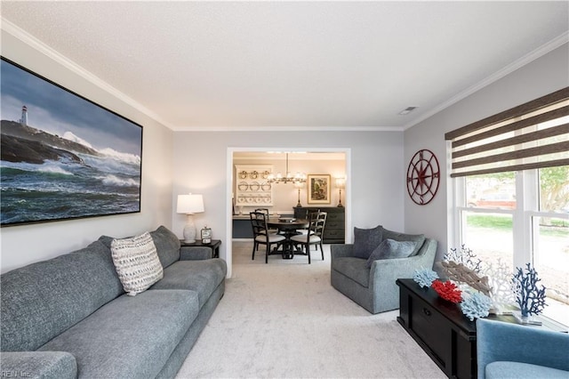 2617 Killey Ct, Virginia Beach, VA 23453 - carpeted living area with ornamental molding and a chandelier