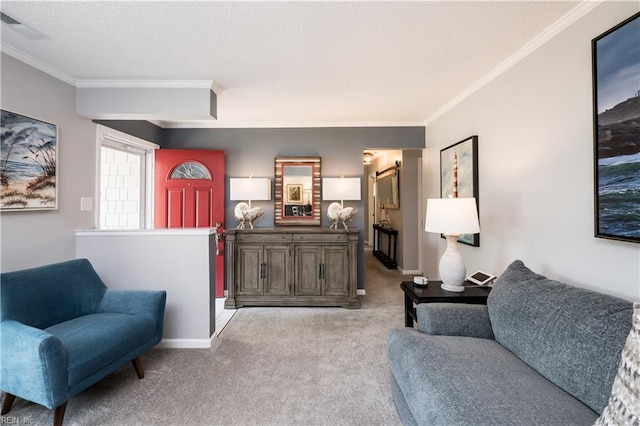 2617 Killey Ct, Virginia Beach, VA 23453 - living room featuring crown molding, carpet, baseboards, and a textured ceiling