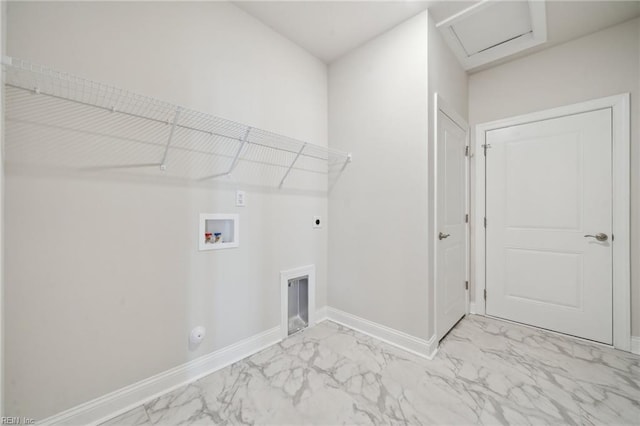 2142 Edwin Dr, Chesapeake, VA 23322 - washroom featuring light marble finish flooring, electric dryer hookup, washer hookup, baseboards, and attic access