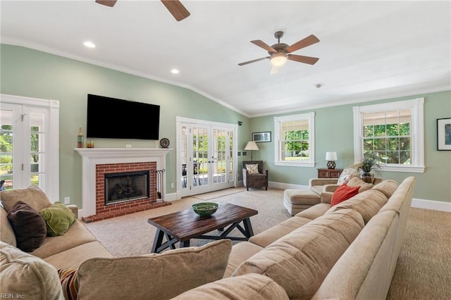 3321 Tyre Neck Rd, Chesapeake, VA 23321 - living area with a ceiling fan, carpet floors, baseboards, ornamental molding, and french doors