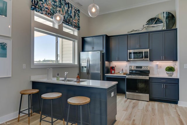 2246 Captiva Ln, Chesapeake, VA 23321 - kitchen featuring appliances with stainless steel finishes, a sink, light wood-type flooring, a peninsula, and light countertops