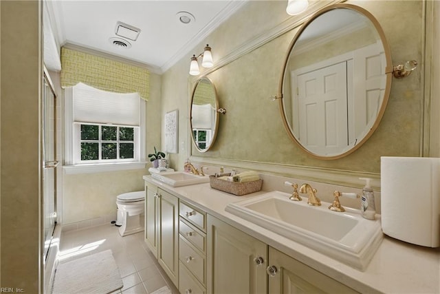 2001 Moses Harper, Williamsburg, VA 23185 - bathroom featuring crown molding, double vanity, toilet, a shower stall, and tile patterned flooring