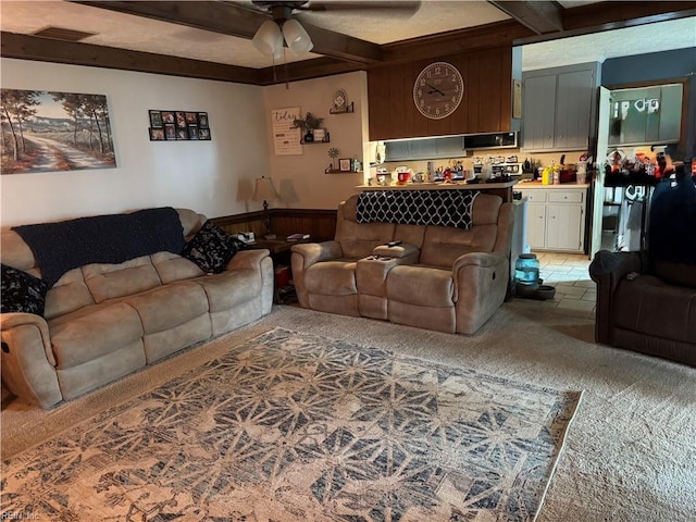 412 Joseph Topping Dr, Poquoson, VA 23662 - carpeted living area featuring beamed ceiling and ceiling fan