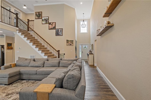 115 Cooks Landing Rd, Camden, NC 27921 - living room featuring baseboards, dark wood-style floors, a towering ceiling, ornamental molding, and recessed lighting