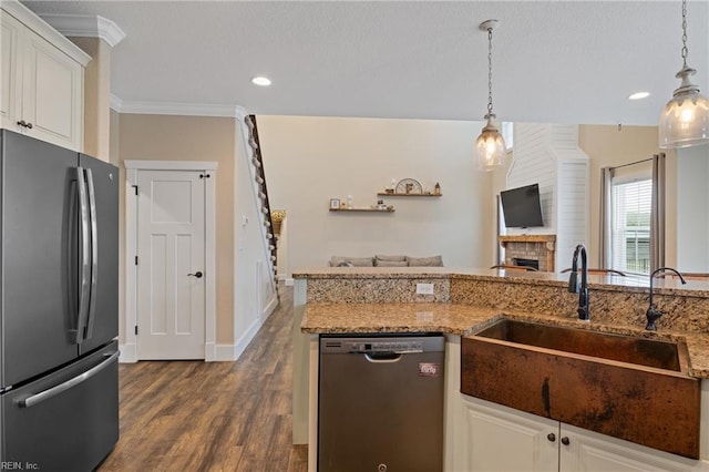 115 Cooks Landing Rd, Camden, NC 27921 - kitchen featuring freestanding refrigerator, dishwasher, a sink, dark wood-style floors, and open floor plan