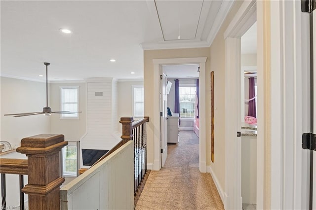 115 Cooks Landing Rd, Camden, NC 27921 - hallway with attic access, crown molding, an upstairs landing, light carpet, and baseboards