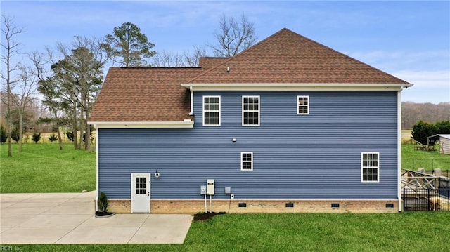 115 Cooks Landing Rd, Camden, NC 27921 - view of side of home with a yard, a patio area, crawl space, and roof with shingles