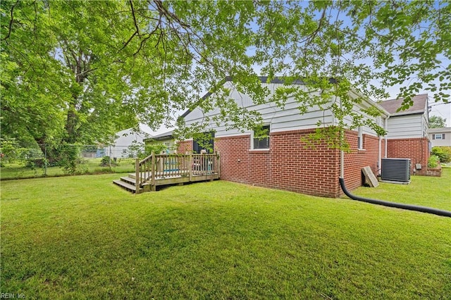 1014 Rowe St, Hampton, VA 23669 - view of green lawn featuring a wooden deck and central AC