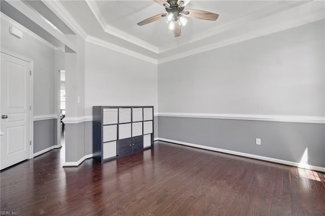 2209 Beeblossom Ln, Chesapeake, VA 23323 - empty room with wood finished floors, ceiling fan, a tray ceiling, crown molding, and baseboards