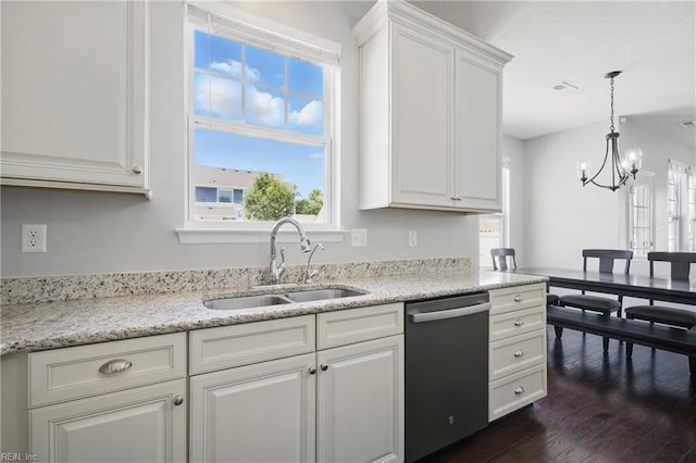2209 Beeblossom Ln, Chesapeake, VA 23323 - kitchen featuring dishwasher, a sink, dark wood-style floors, white cabinetry, and a chandelier