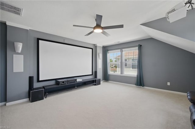 2209 Beeblossom Ln, Chesapeake, VA 23323 - home theater with carpet flooring, ceiling fan, vaulted ceiling, and baseboards