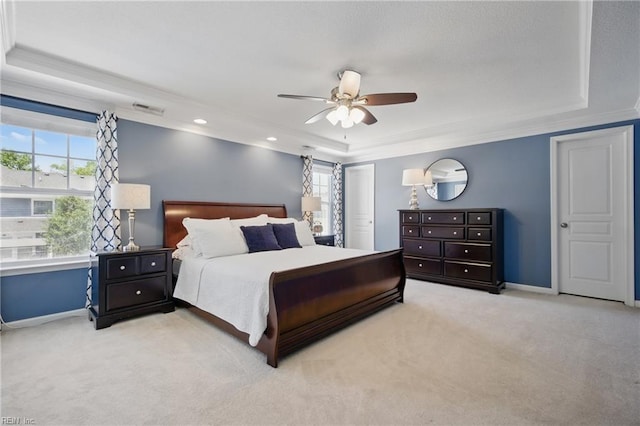 2209 Beeblossom Ln, Chesapeake, VA 23323 - carpeted bedroom featuring a tray ceiling, baseboards, ornamental molding, and a ceiling fan