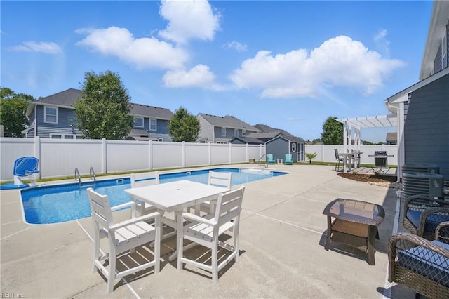 2209 Beeblossom Ln, Chesapeake, VA 23323 - view of swimming pool featuring a pergola, a patio, a fenced backyard, a residential view, and outdoor dining area