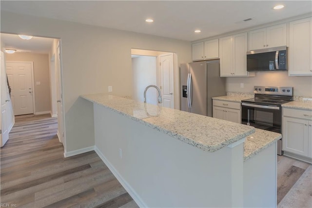 2807 Eustis Ave, Chesapeake, VA 23325 - kitchen featuring appliances with stainless steel finishes, light wood finished floors, a peninsula, recessed lighting, and light stone counters