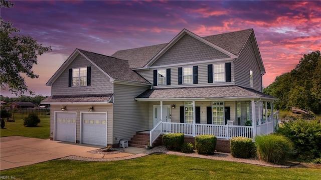 1701 Sanderson Rd, Chesapeake, VA 23322 - view of front facade featuring a porch, a front yard, concrete driveway, an attached garage, and roof with shingles