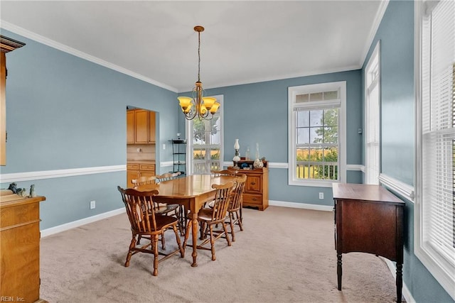 1701 Sanderson Rd, Chesapeake, VA 23322 - dining room with crown molding, a chandelier, baseboards, and light colored carpet