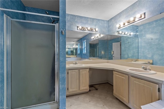 520 Kemp Lndg, Suffolk, VA 23434 - bathroom with a shower stall, double vanity, and a textured ceiling