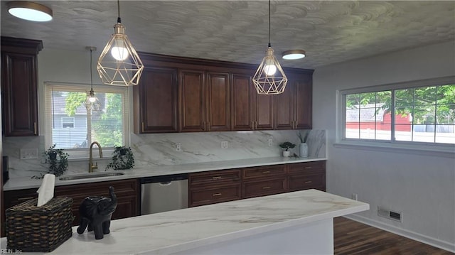 5604 Pontiac Rd, Virginia Beach, VA 23462 - kitchen with dishwasher, a sink, backsplash, baseboards, and dark wood-type flooring