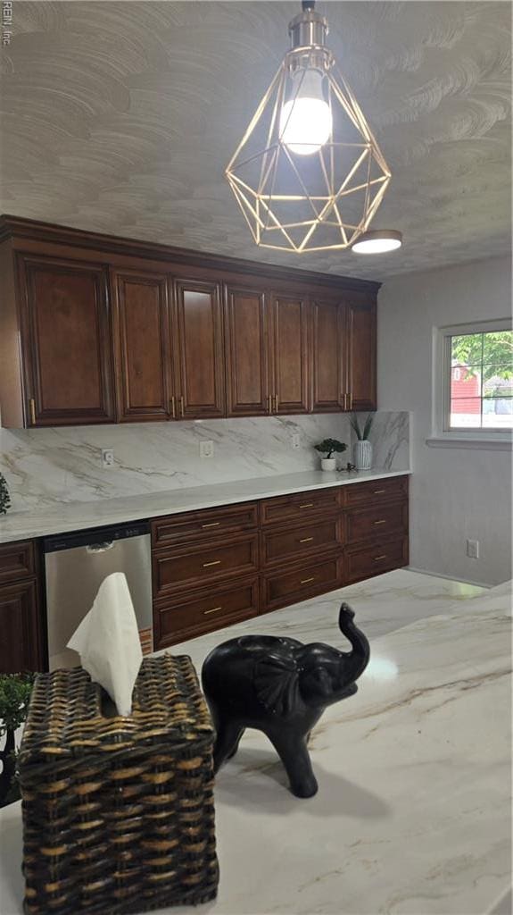5604 Pontiac Rd, Virginia Beach, VA 23462 - kitchen with dishwasher, decorative backsplash, decorative light fixtures, and light stone counters