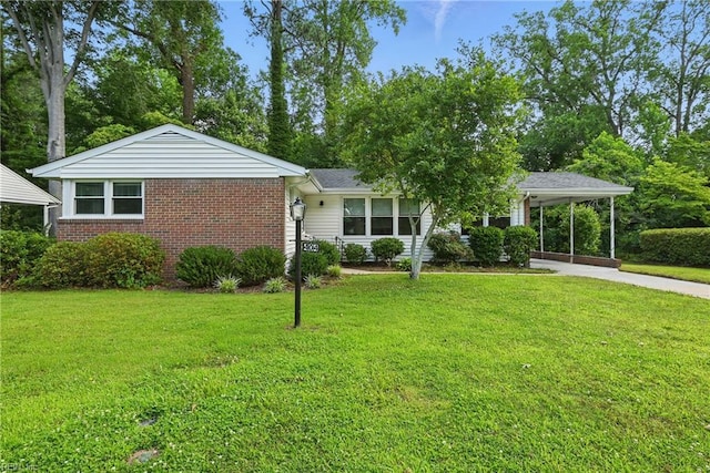 404 Forest Hill Cres, Suffolk, VA 23434 - view of front of home with driveway, a front lawn, brick siding, and an attached carport