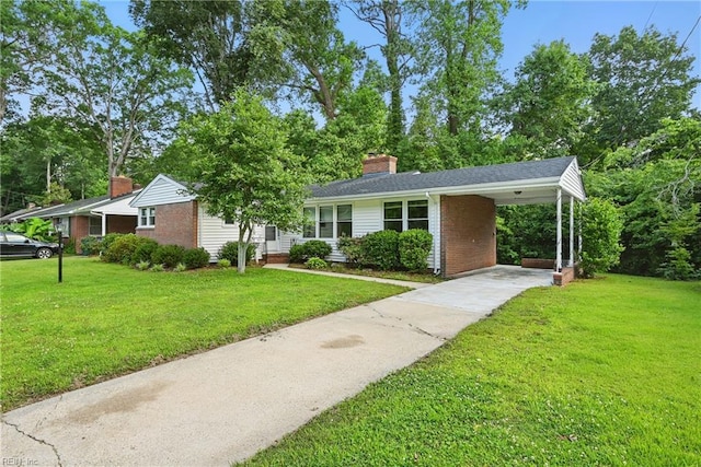 404 Forest Hill Cres, Suffolk, VA 23434 - single story home with driveway, brick siding, a chimney, a front lawn, and a carport