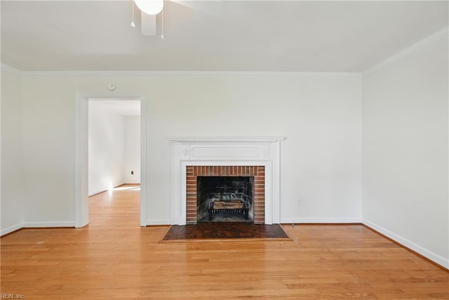 404 Forest Hill Cres, Suffolk, VA 23434 - unfurnished living room with ornamental molding, wood finished floors, a fireplace, ceiling fan, and baseboards