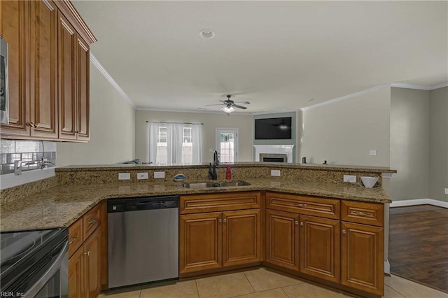 7556 Villa Ct, Gloucester, VA 23061 - kitchen featuring dishwasher, a sink, a ceiling fan, brown cabinets, and ornamental molding