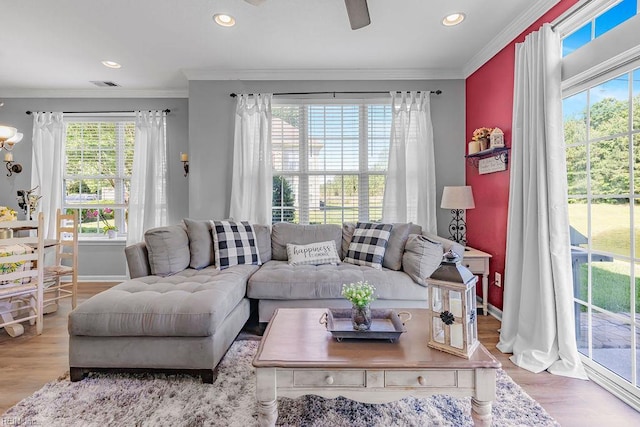 3101 Bridgewater Dr, Carrollton, VA 23314 - living room with ornamental molding, wood finished floors, recessed lighting, ceiling fan, and baseboards