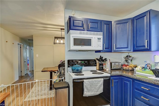 409 Barcelona Ln, Virginia Beach, VA 23452 - kitchen featuring white appliances, blue cabinets, and wood finished floors